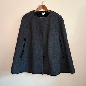 J.Crew Wool Blend Cape Coat Charcoal Herringbone Leather Trim XS/S